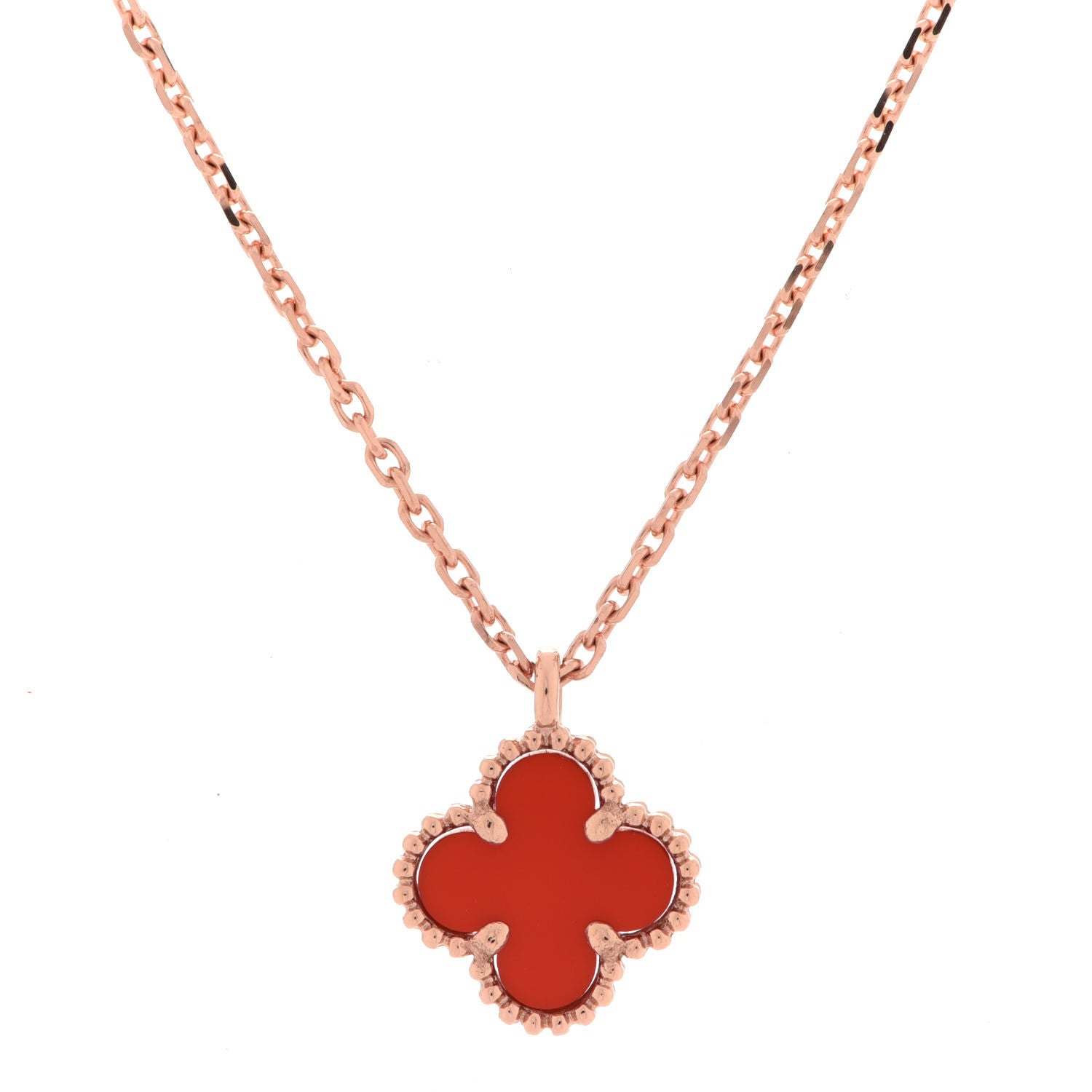 Van Cleef & Arpels 18K Rose Gold Carnelian Sweet Alhambra Pendant Necklace 4 of 7