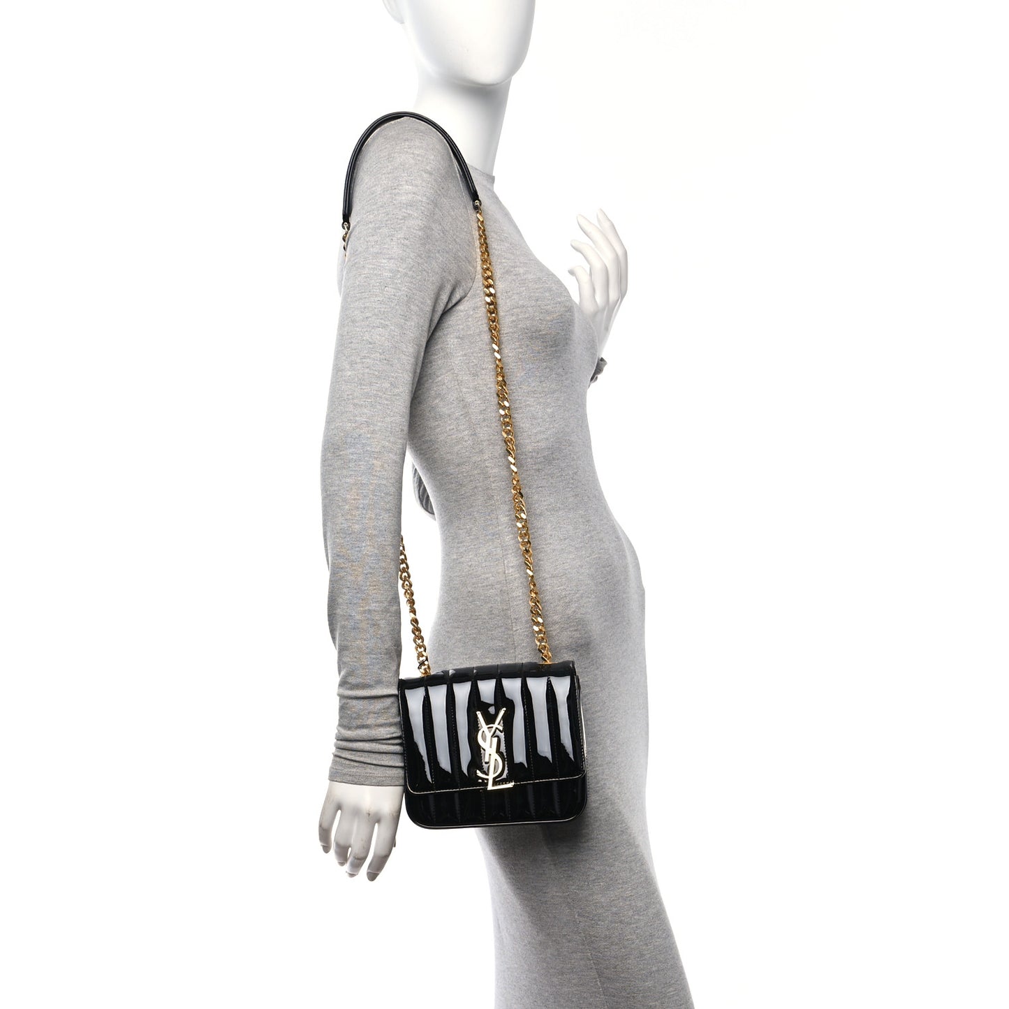 Patent Calfskin Matelasse Monogram Small Vicky Chain Bag Black