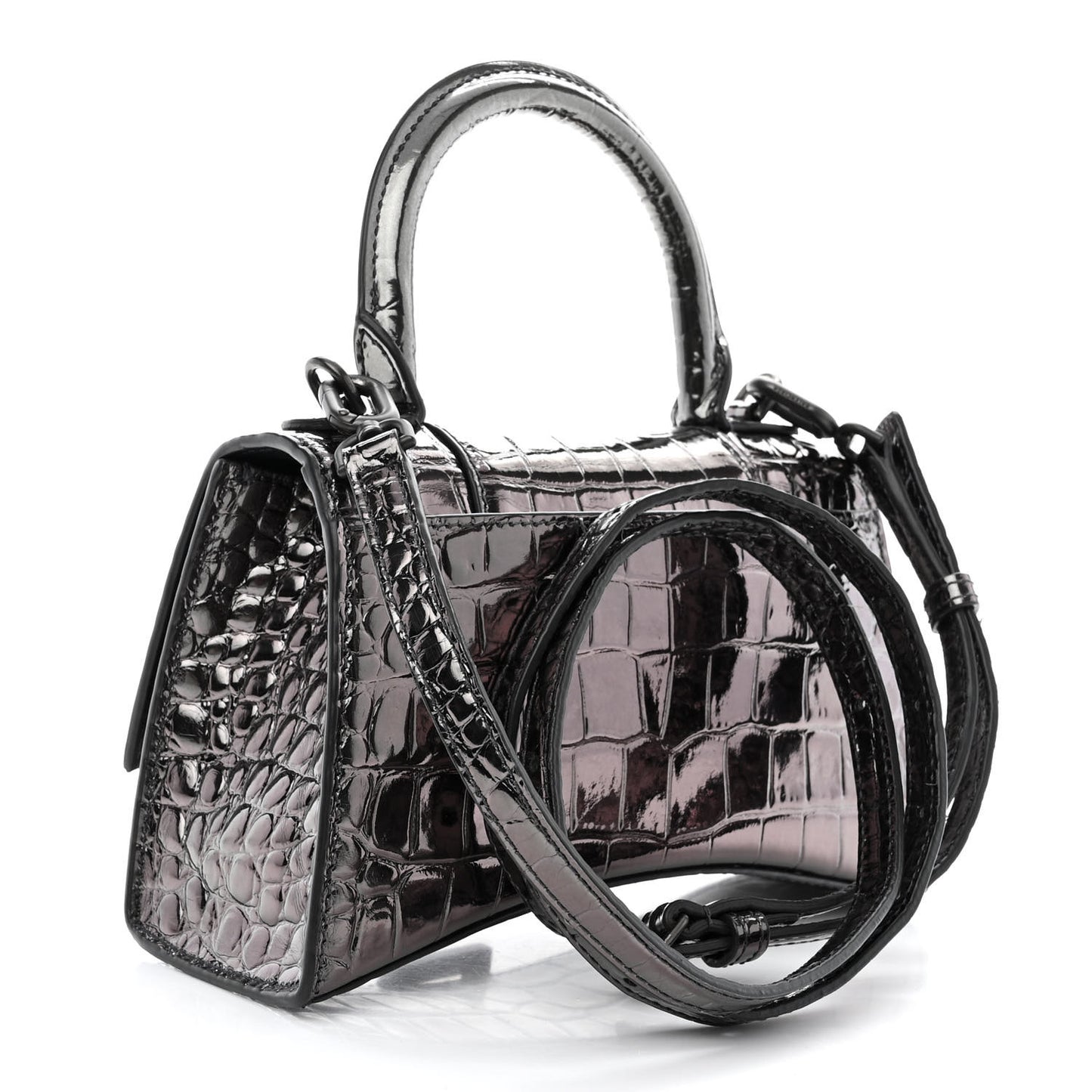 Metallic Shiny Calfskin Crocodile Embossed Hourglass Top Handle Bag XS Gunmetal