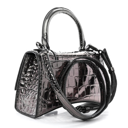 Balenciaga Metallic Shiny Calfskin Crocodile Embossed Hourglass Top Handle Bag XS Gunmetal 3 of 15