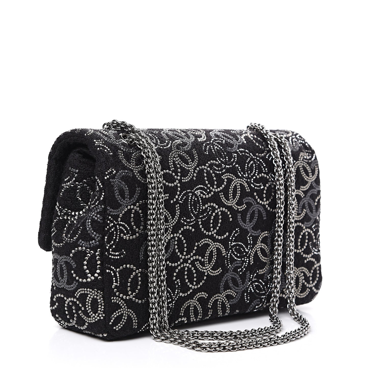 Tweed Strass Medium Pudong Double Flap Black