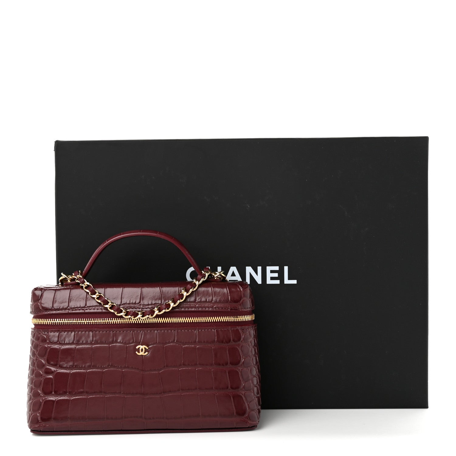 Chanel Calfskin Crocodile Embossed Top Handle Slim Vanity With Chain Dark Burgundy 11 of 11