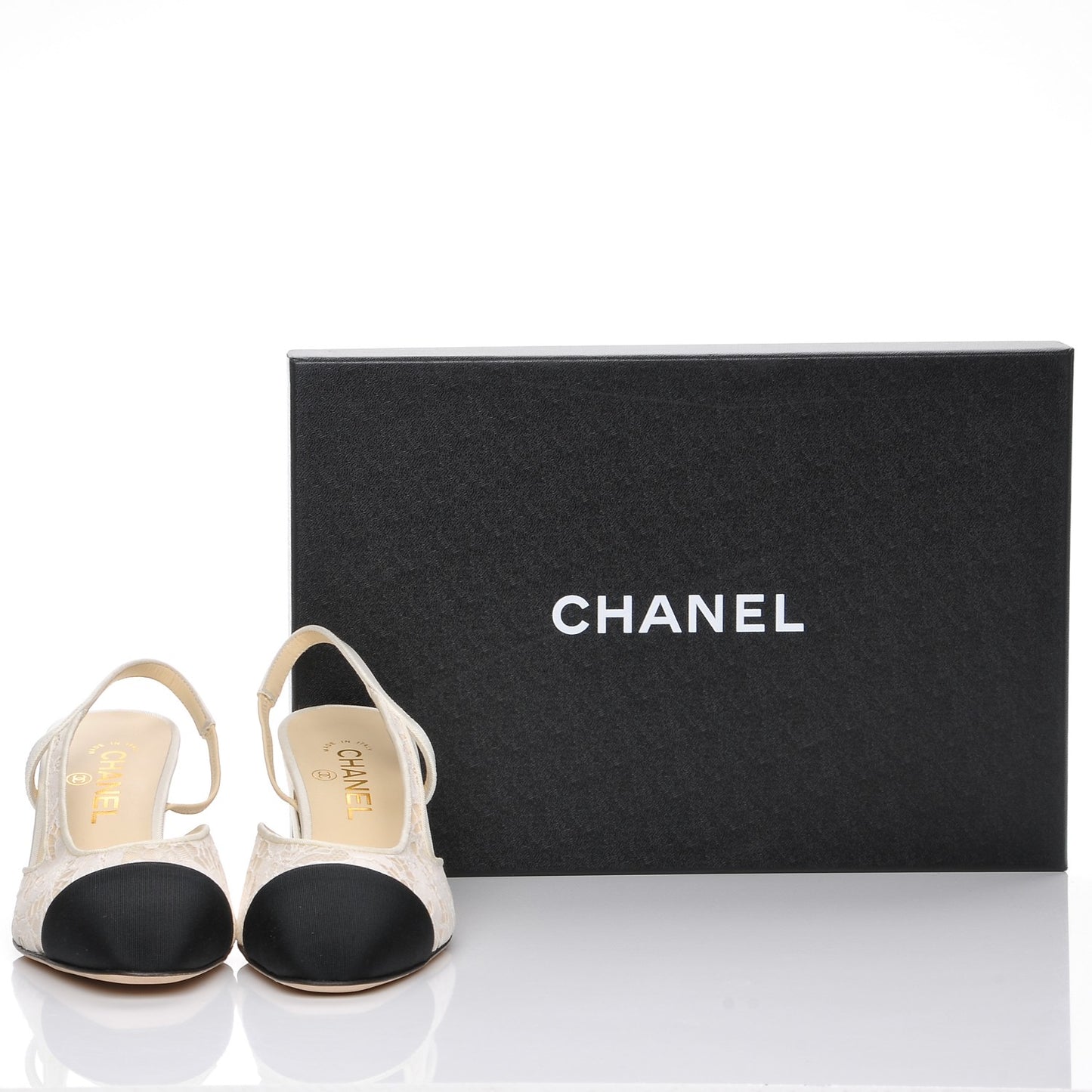 Lace Grosgrain Cap Toe CC Slingback Pumps 38.5 White Black