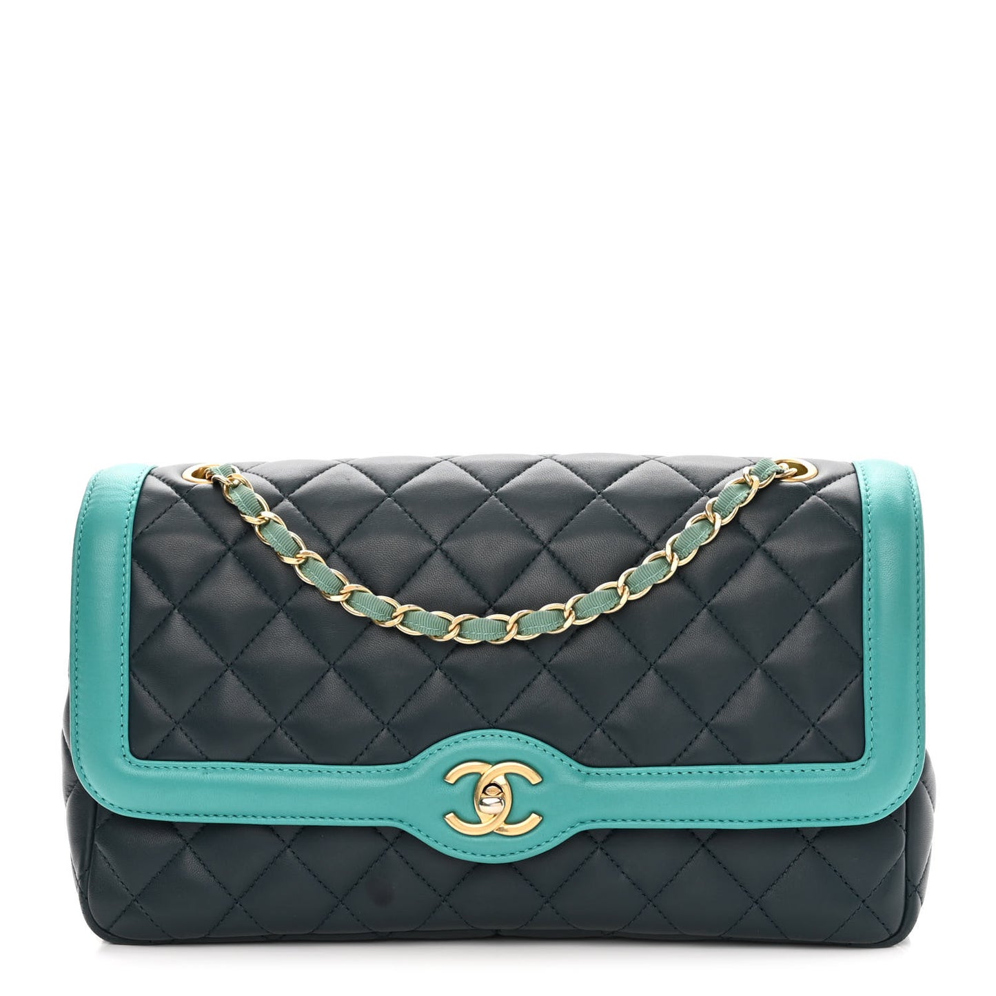 Lambskin Quilted Bi-Color Flap Navy Turquoise