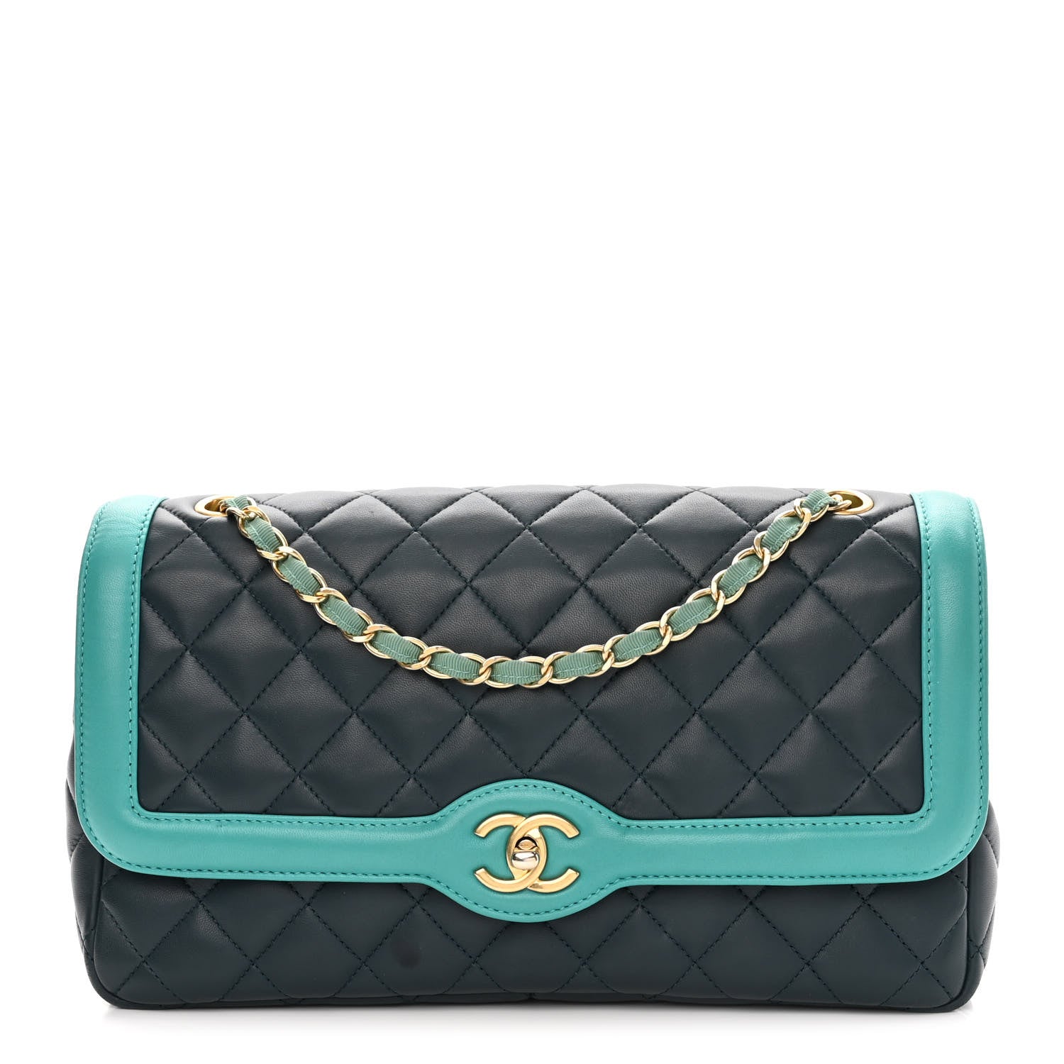 Chanel Lambskin Quilted Bi-Color Flap Navy Turquoise 1 of 11