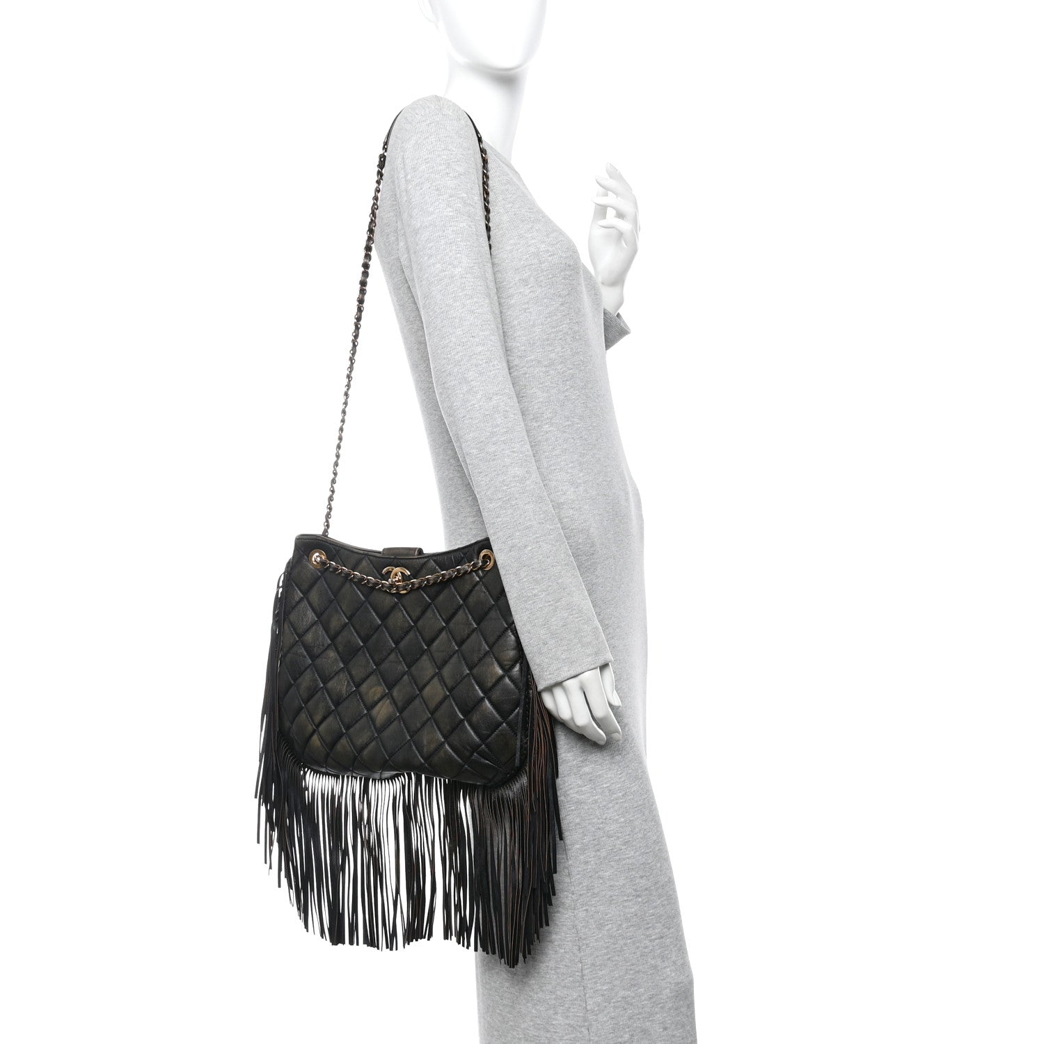 Chanel Calfskin Quilted Into The Fringe Hobo Black Gold 2 of 15
