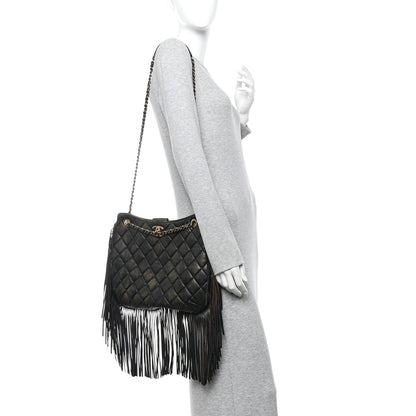 Chanel Calfskin Quilted Into The Fringe Hobo Black Gold 2 of 15