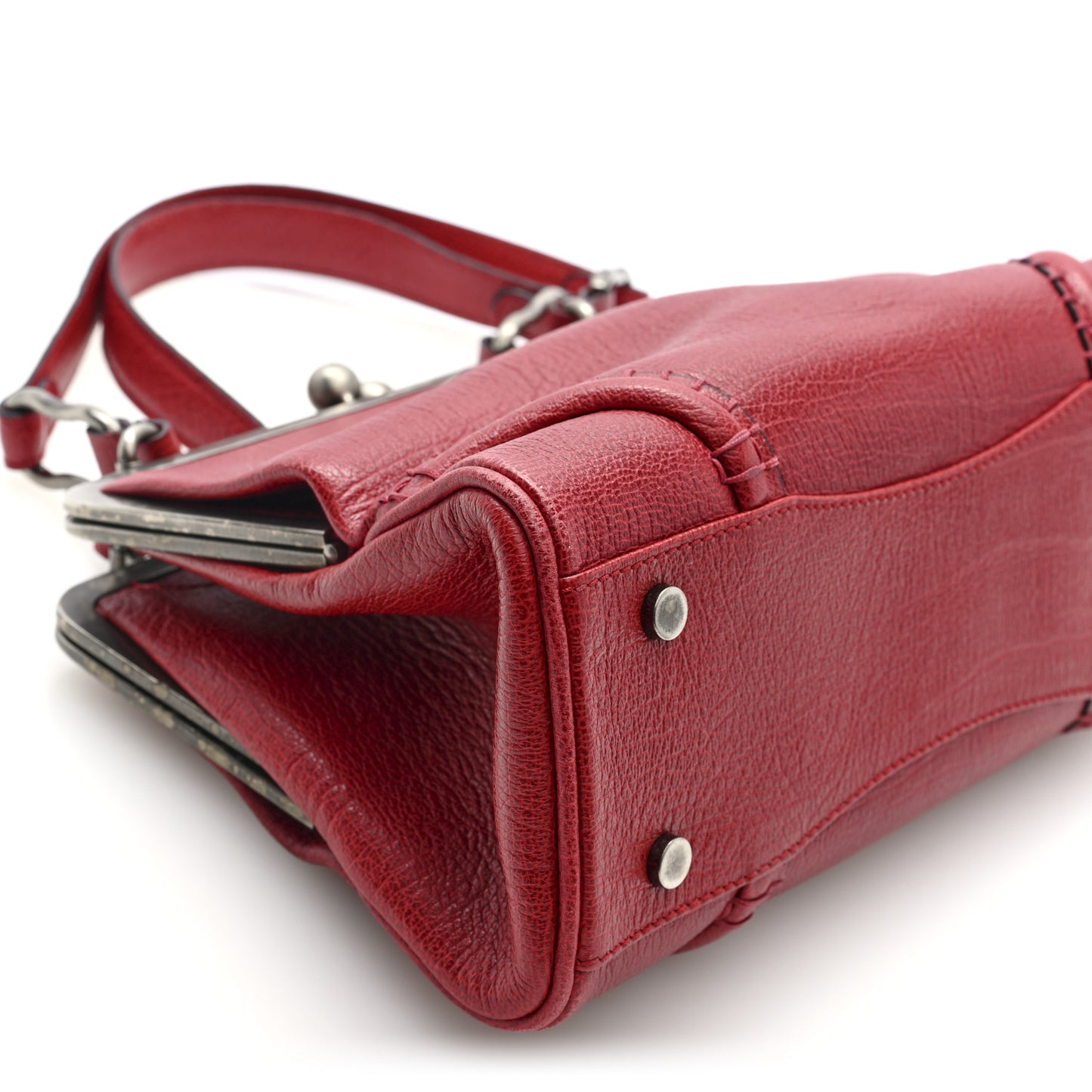 Goatskin Kiss Lock Frame Shoulder Bag Red
