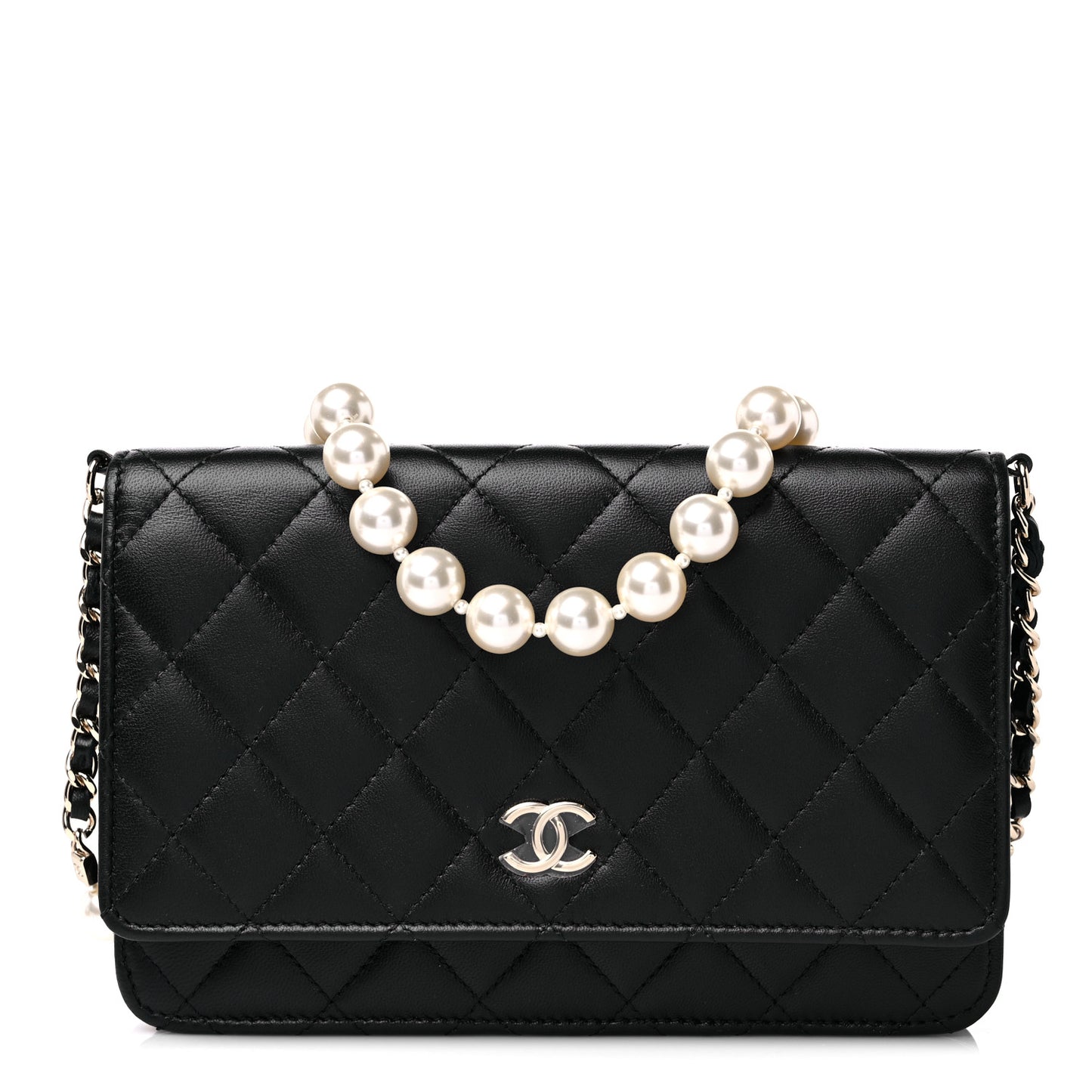 Lambskin Quilted Pearl Wallet On Chain WOC Black