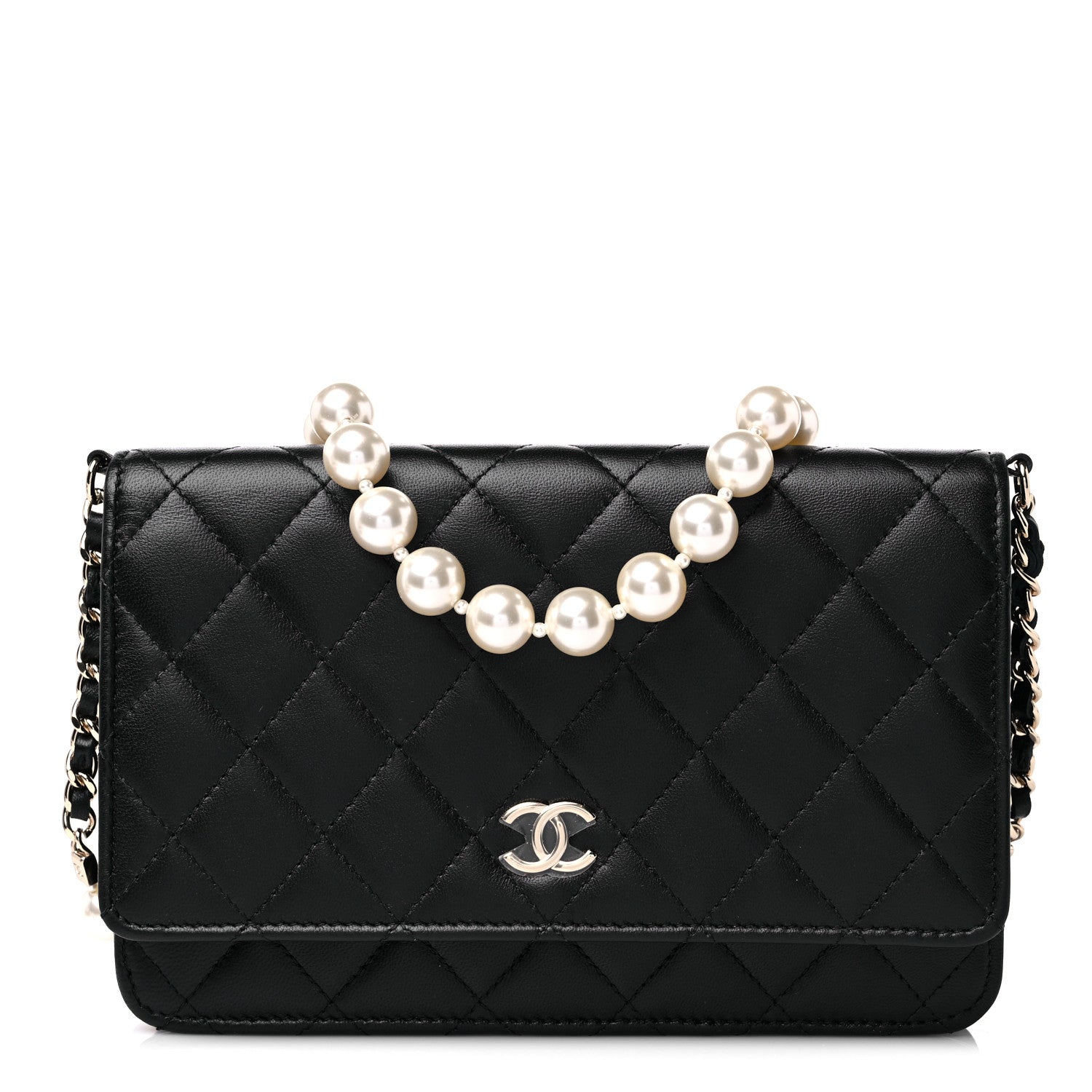 Chanel Lambskin Quilted Pearl Wallet On Chain WOC Black 1 of 14