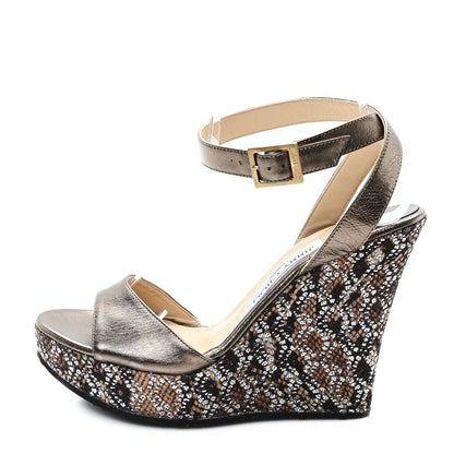 Jimmy Choo Glitter Fabric Metallic Calfskin 120 Wedge Sandals 38 Gold 1 of 8