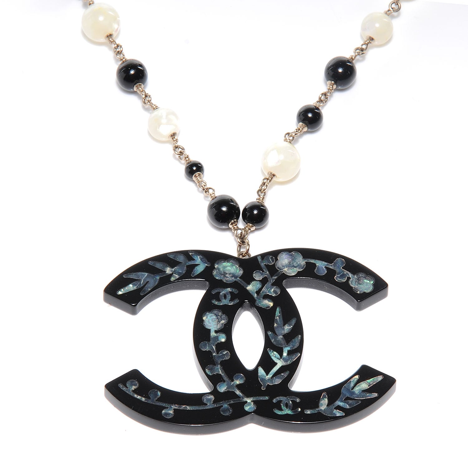 Chanel Beaded Mother of Pearl Oversized CC Necklace 1 of 4