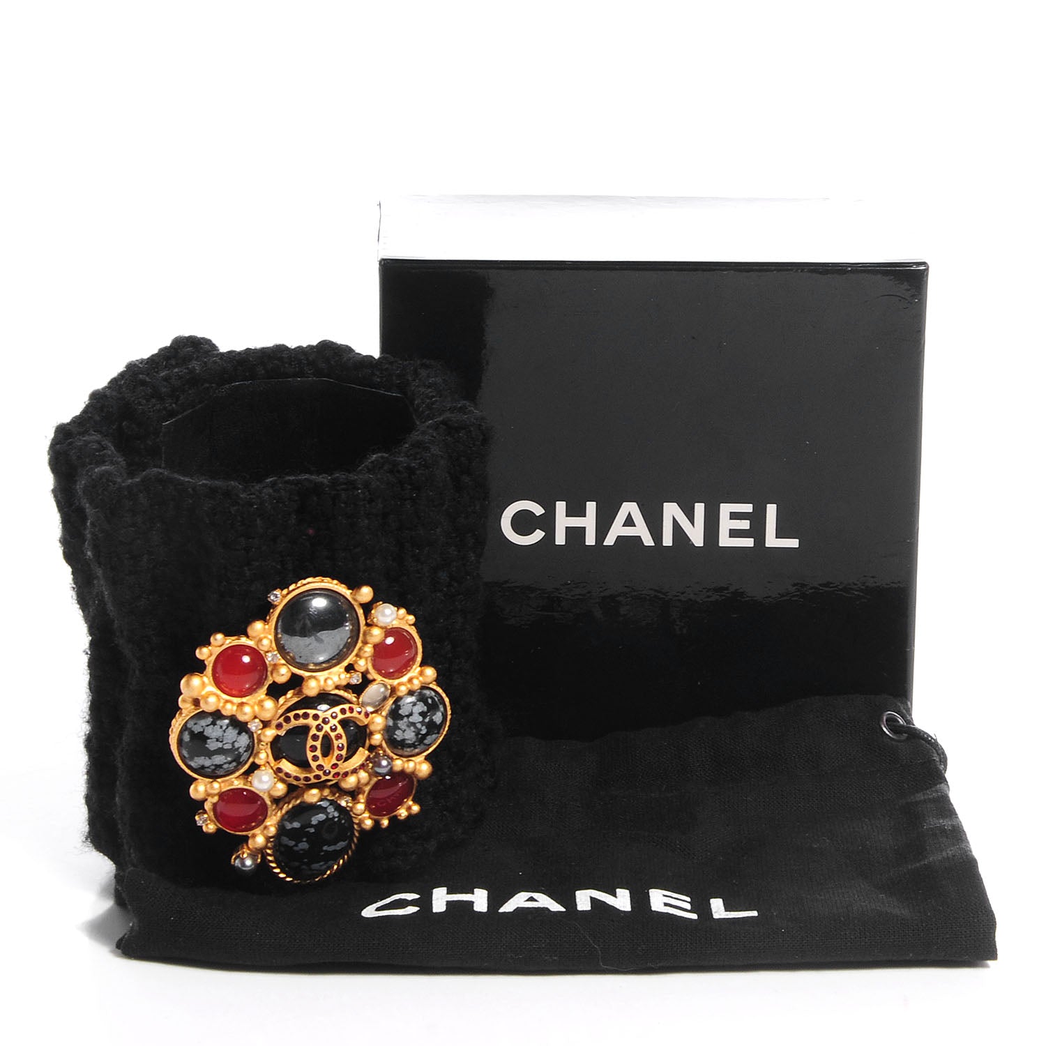 Chanel Tweed Cuff w Removable Gripoix Brooch Black 7 of 14