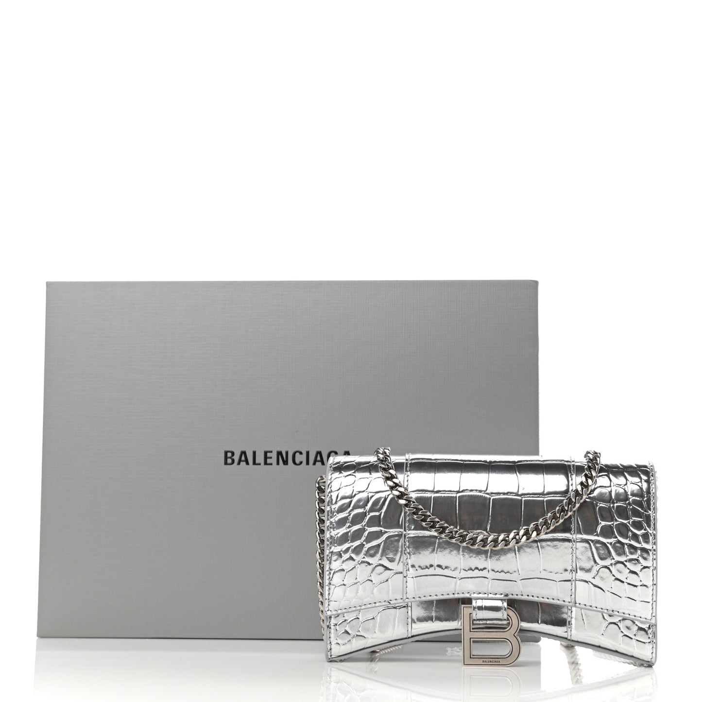 Metallic Calfskin Crocodile Embossed Hourglass Chain Bag Silver