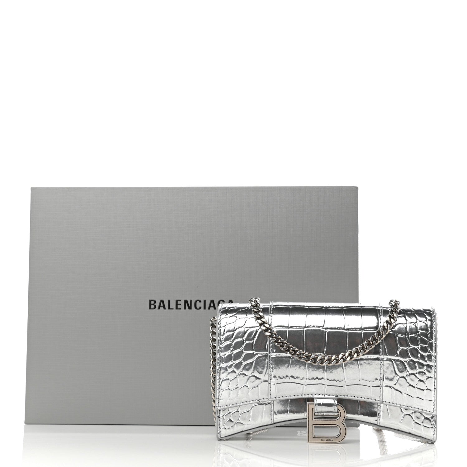 Balenciaga Metallic Calfskin Crocodile Embossed Hourglass Chain Bag Silver 11 of 11