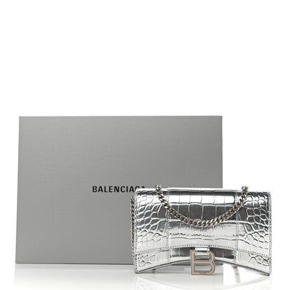 Balenciaga Metallic Calfskin Crocodile Embossed Hourglass Chain Bag Silver 11 of 11