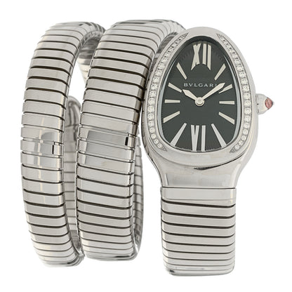 Bulgari Stainless Steel Diamond Bezel 35mm Serpenti Tubogas Double Spiral Quartz Watch Black 1 of 4