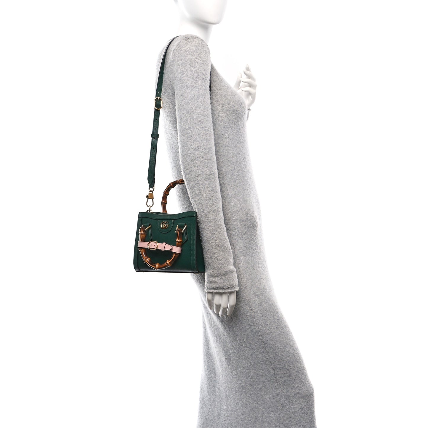 Textured Dollar Calfskin Web Mini Diana Tote Bag Vintage Green Pink