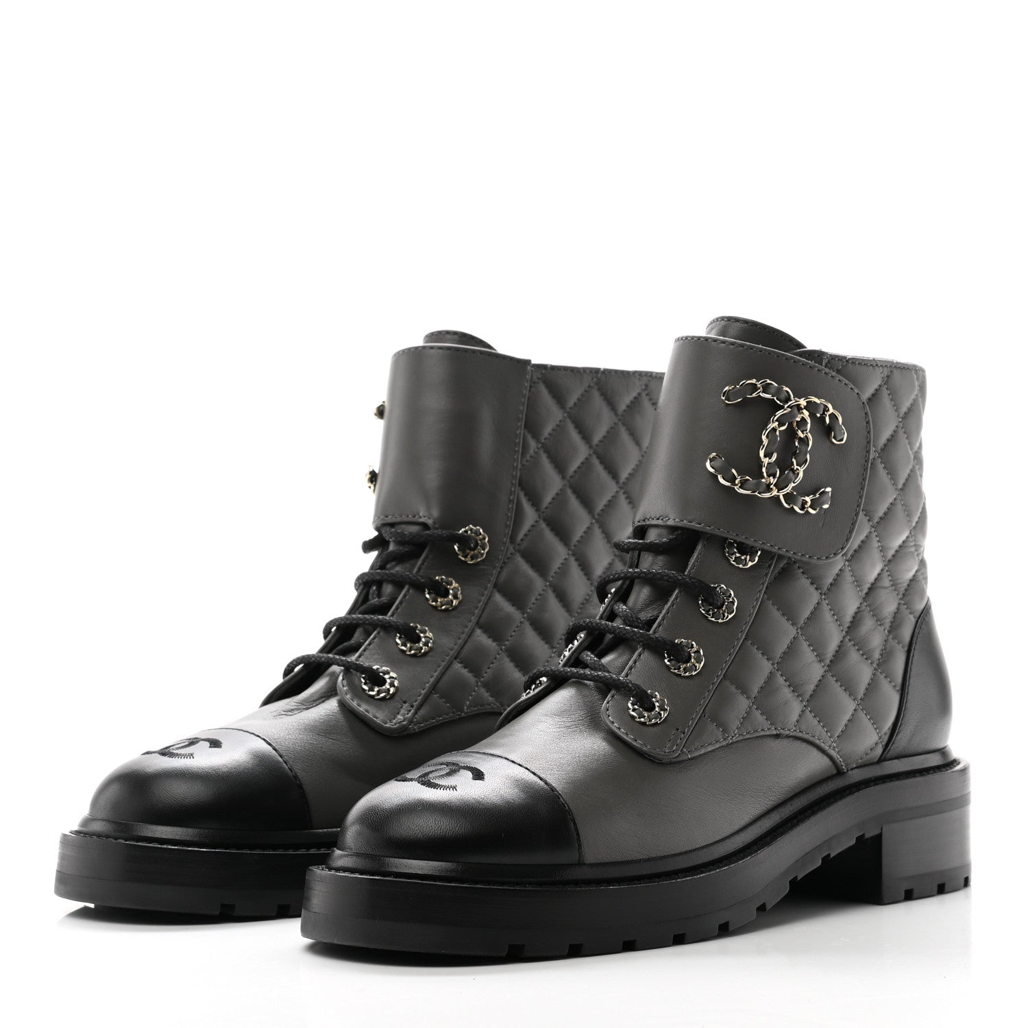 Chanel Shiny Lambskin Quilted Lace Up Combat Boots 38.5 Grey Black 3 of 11