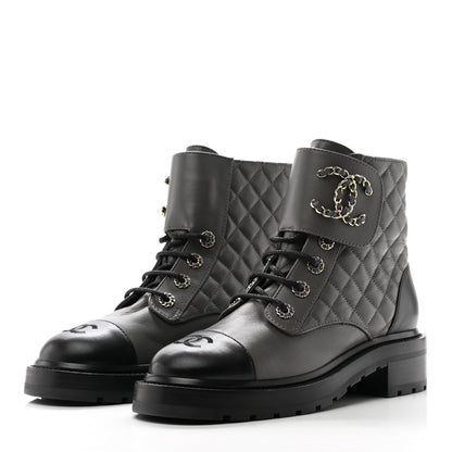 Chanel Shiny Lambskin Quilted Lace Up Combat Boots 38.5 Grey Black 3 of 11