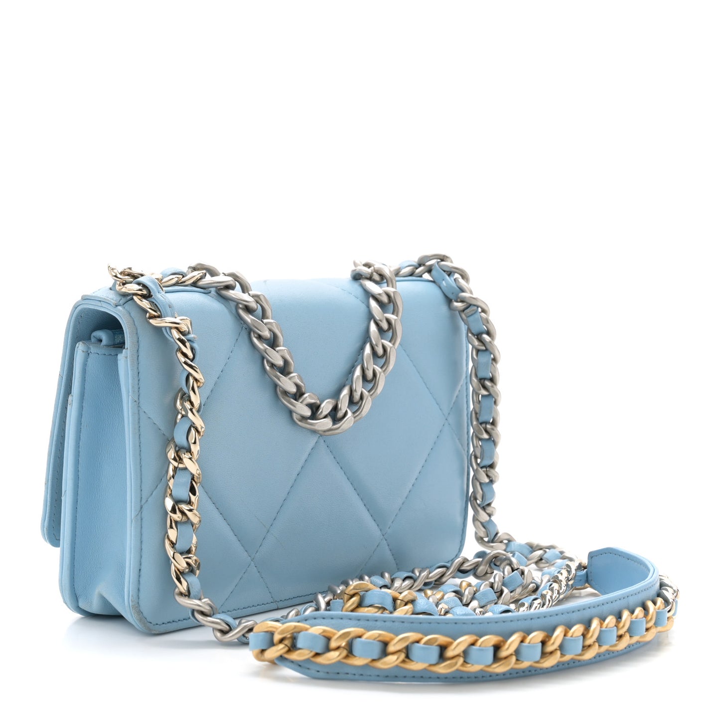 Lambskin Quilted Chanel 19 Wallet On Chain WOC Light Blue