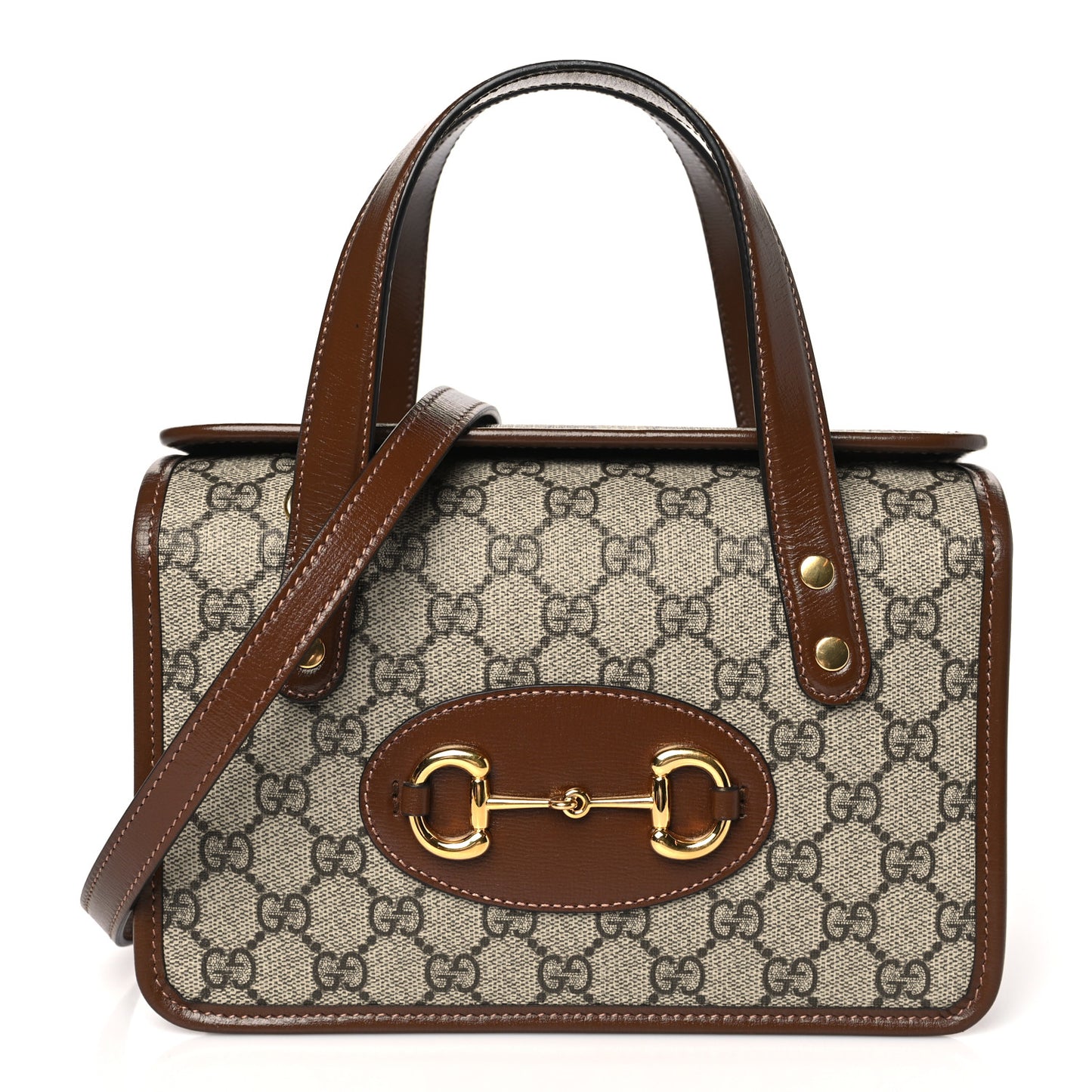 GG Supreme Monogram Azalea Calfskin Mini Horsebit 1955 Foldover Top Handle Bag Beige Ebony Brown Sugar