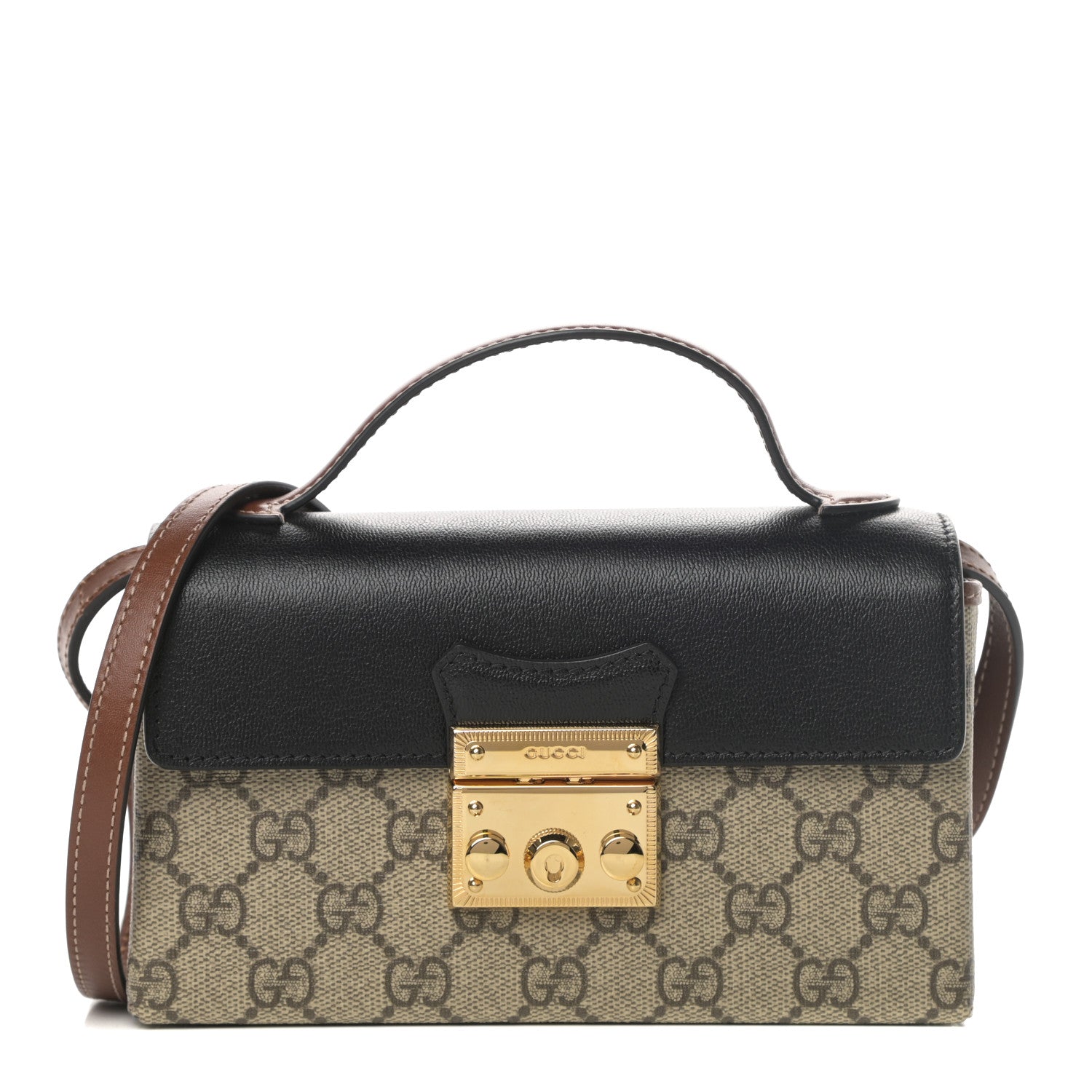Gucci GG Supreme Monogram Calfskin Mini Padlock Top Handle Shoulder Bag Beige Black Cuir 1 of 10