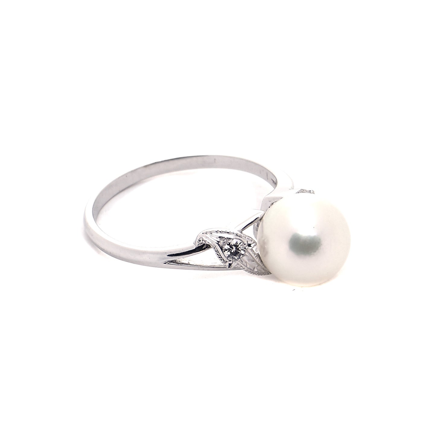 18K White Gold Diamond Akoya Pearl 7.5mm Ring 49 5