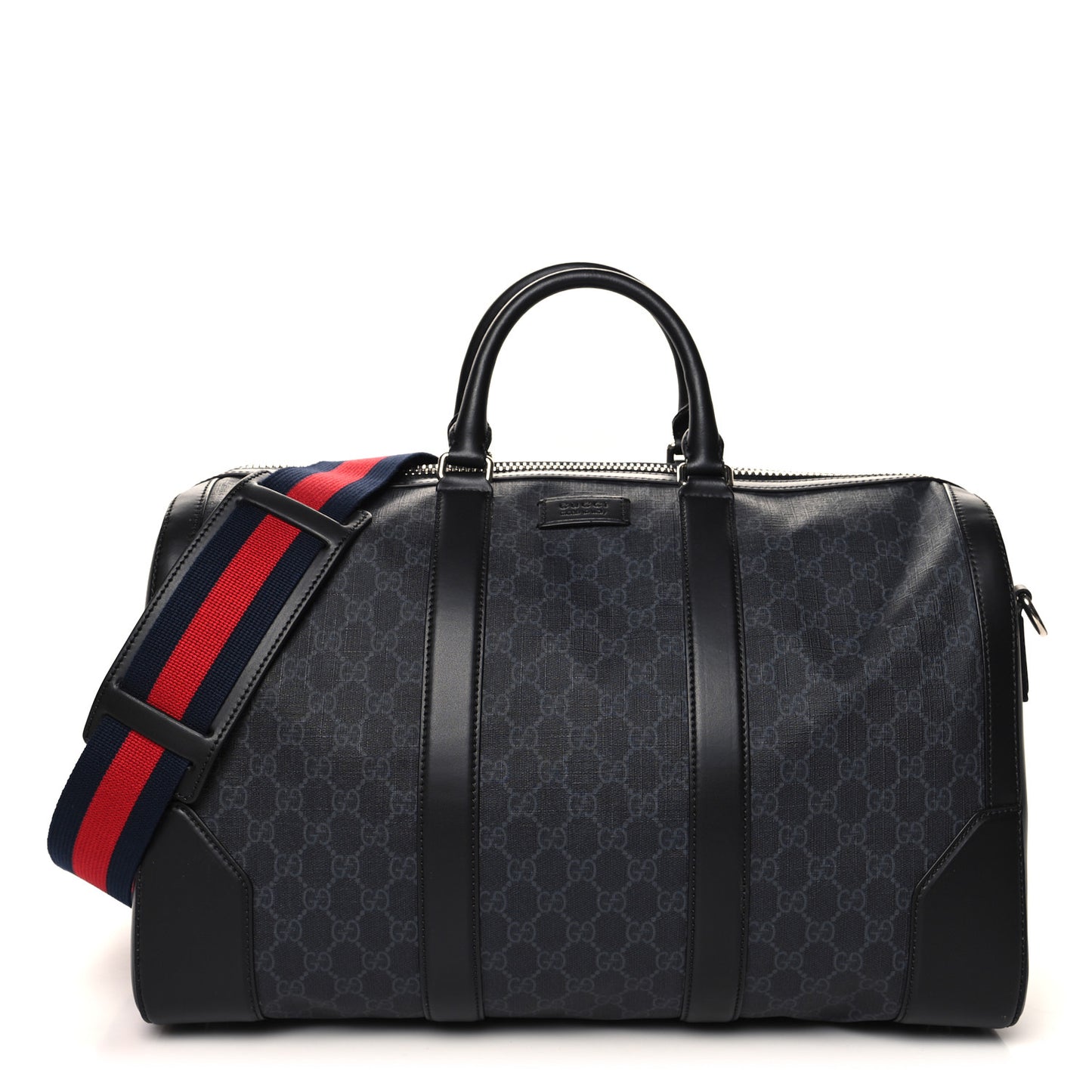 Soft GG Supreme Monogram Appia Calfskin Web Medium Carry On Duffle Bag Black Grey