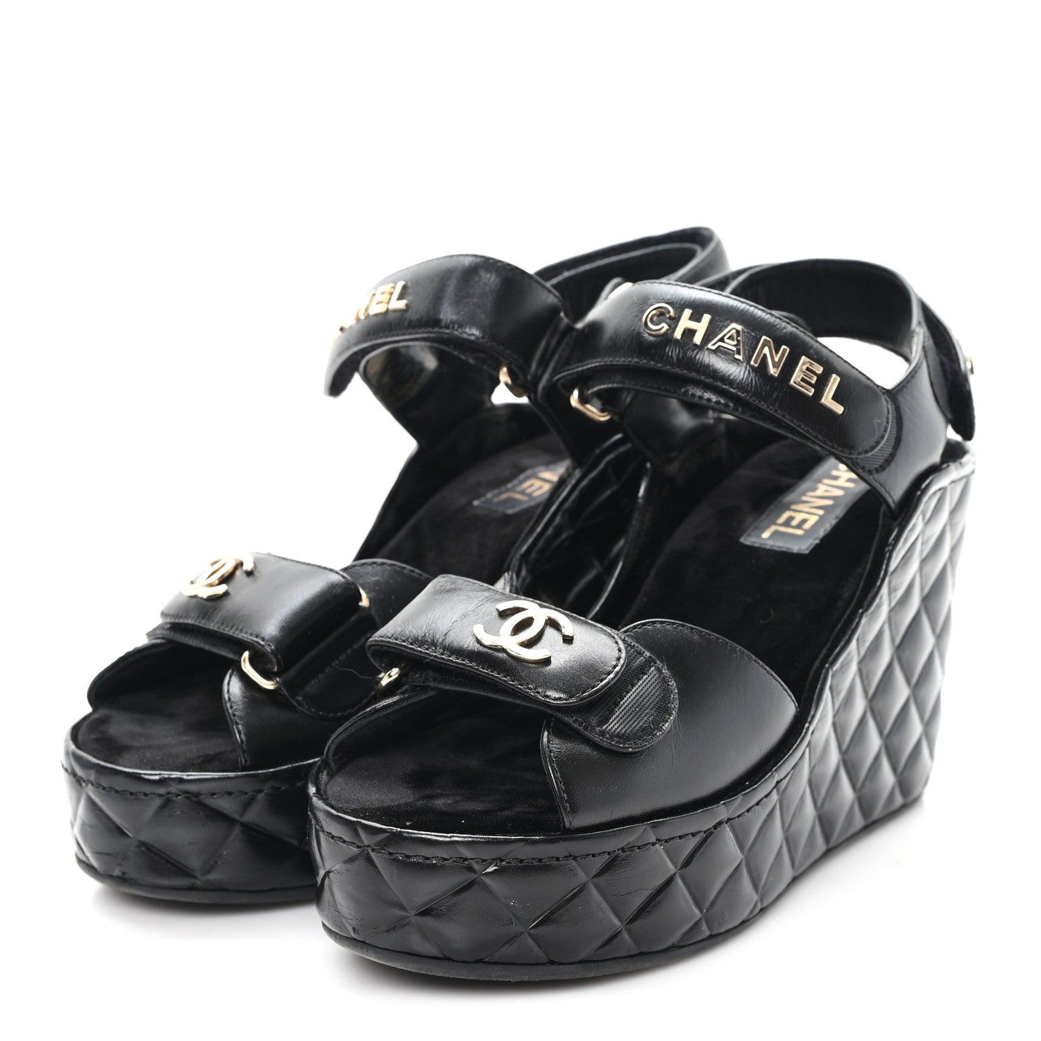 CHANEL サンダル　　37 Chanel Shiny Calfskin Quilted Wedge Sandals 37 Black 1807764