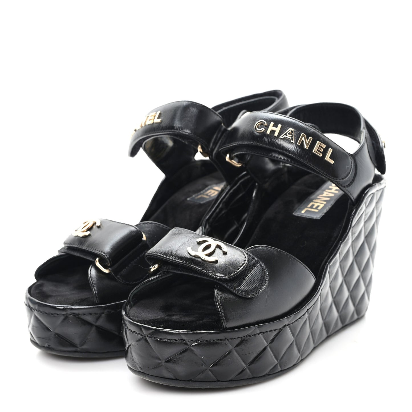 Shiny Calfskin Quilted Wedge Sandals 37 Black