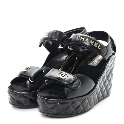 Chanel Shiny Calfskin Quilted Wedge Sandals 37 Black 4 of 9