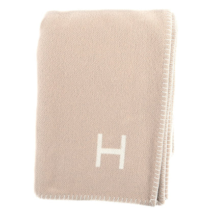 Hermes Wool Cashmere H Casaque Blanket Beige White 2 of 6