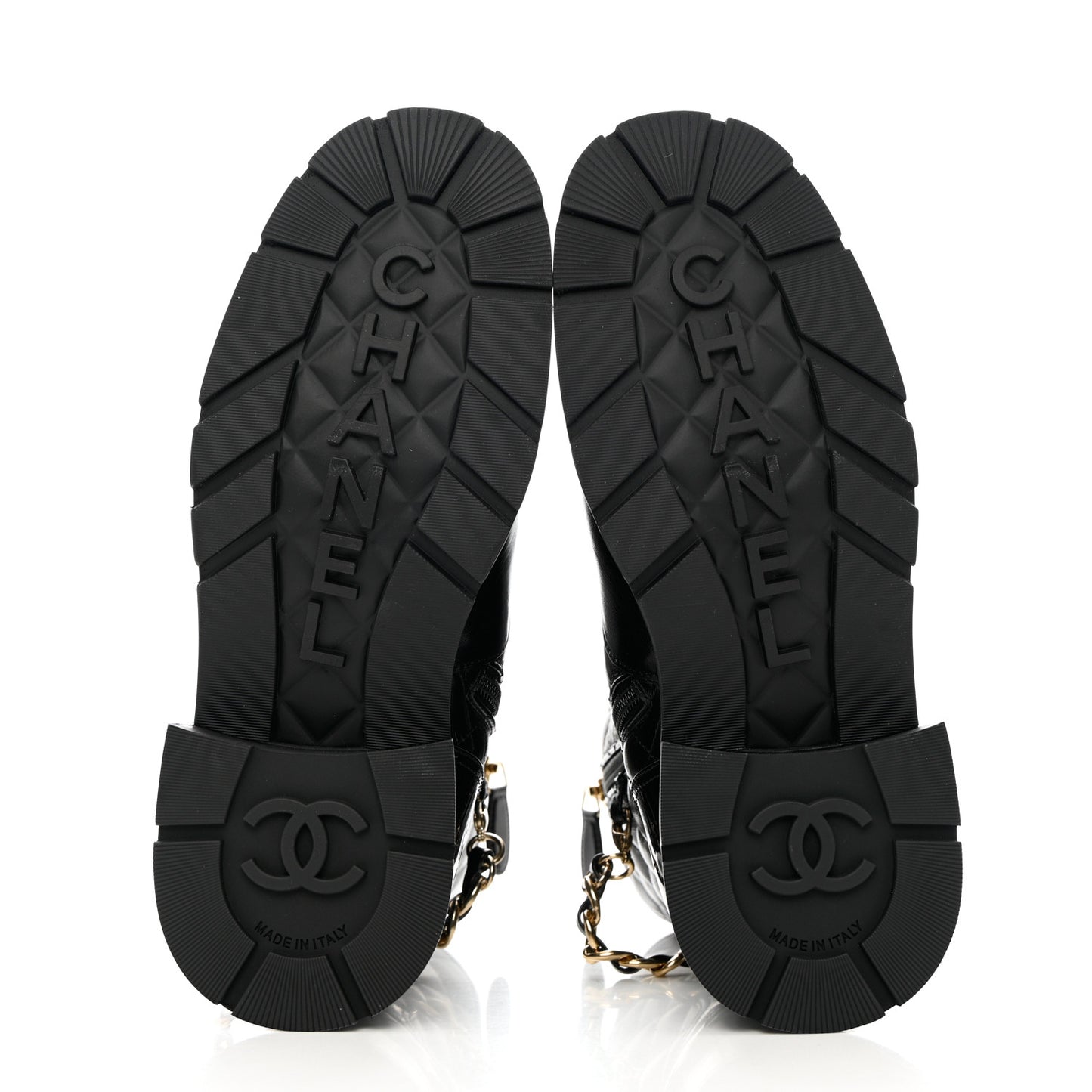 Shiny Calfskin Patent Quilted Chain Lace Up Combat Boots 36.5 Black