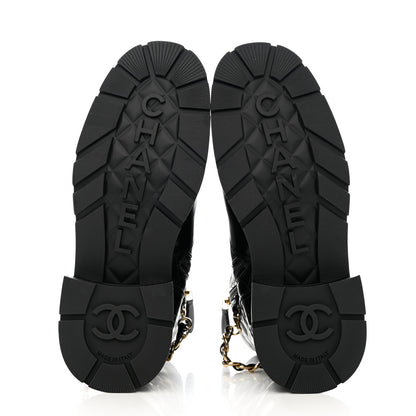Chanel Shiny Calfskin Patent Quilted Chain Lace Up Combat Boots 36.5 Black 5 of 10
