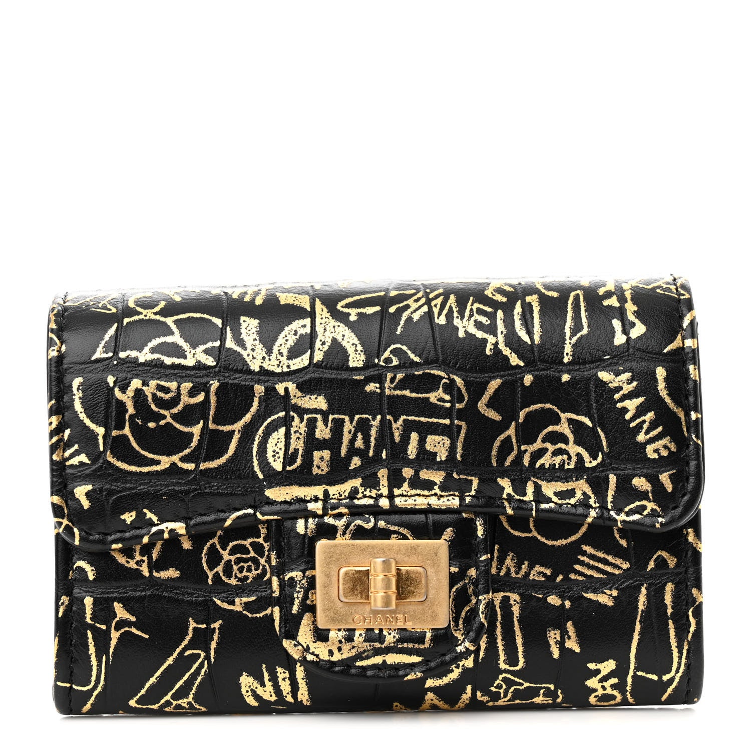 Chanel Calfskin Crocodile Embossed Graffiti 2.55 Cocodile Reissue Flap Card Holder Black Gold 1 of 9