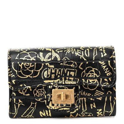 Chanel Calfskin Crocodile Embossed Graffiti 2.55 Cocodile Reissue Flap Card Holder Black Gold 1 of 9