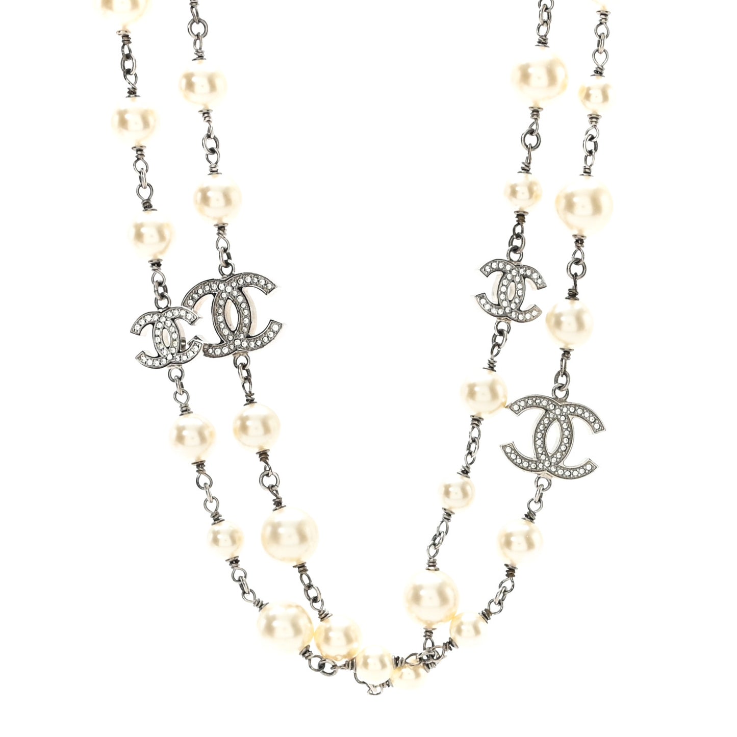 Crystal Pearl CC Long Necklace Silver