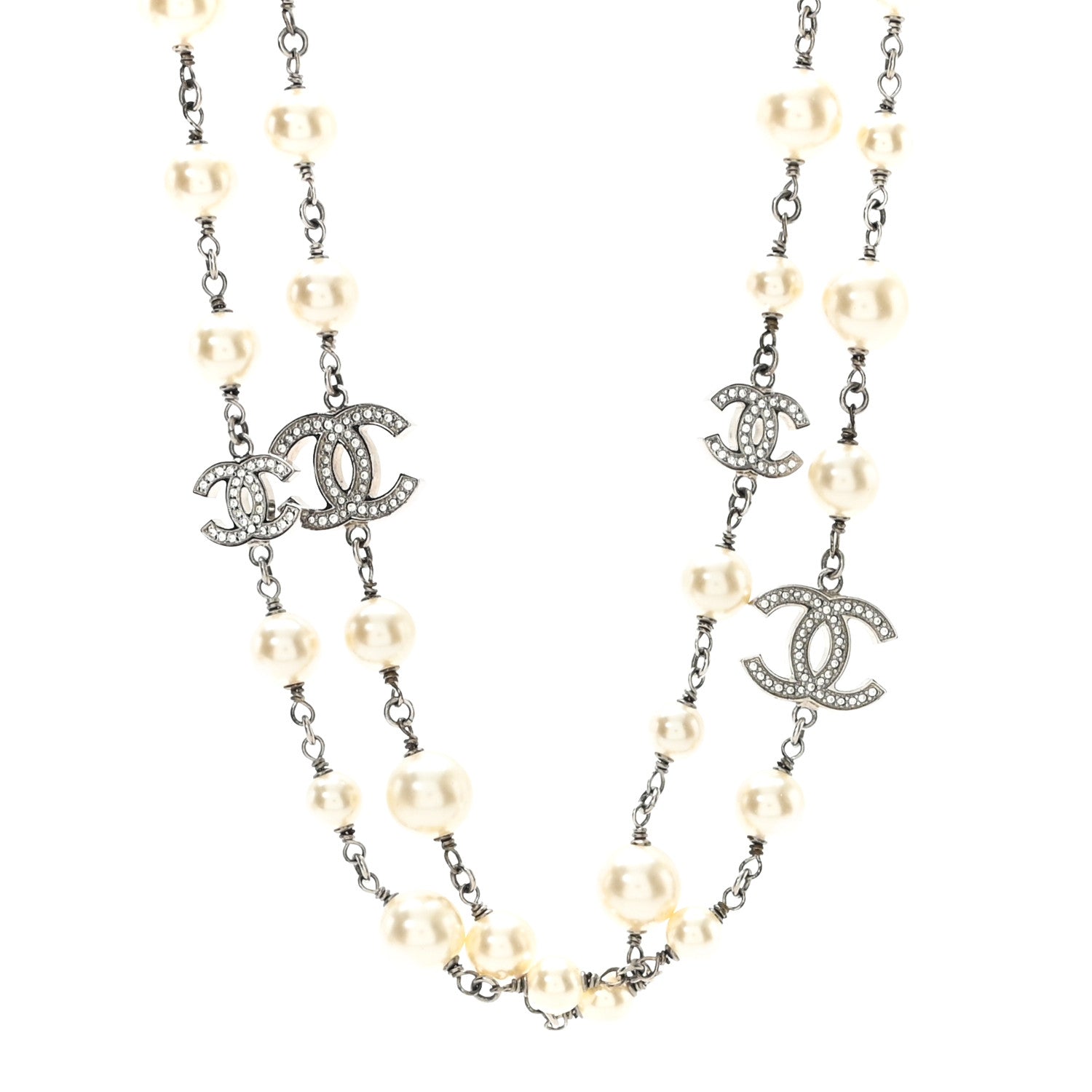 Chanel Crystal Pearl CC Long Necklace Silver 1 of 5