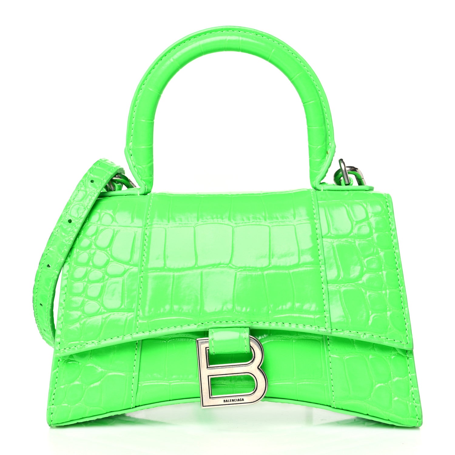 Balenciaga Shiny Calfskin Crocodile Embossed Hourglass Top Handle Bag XS Fluo Green 1 of 9