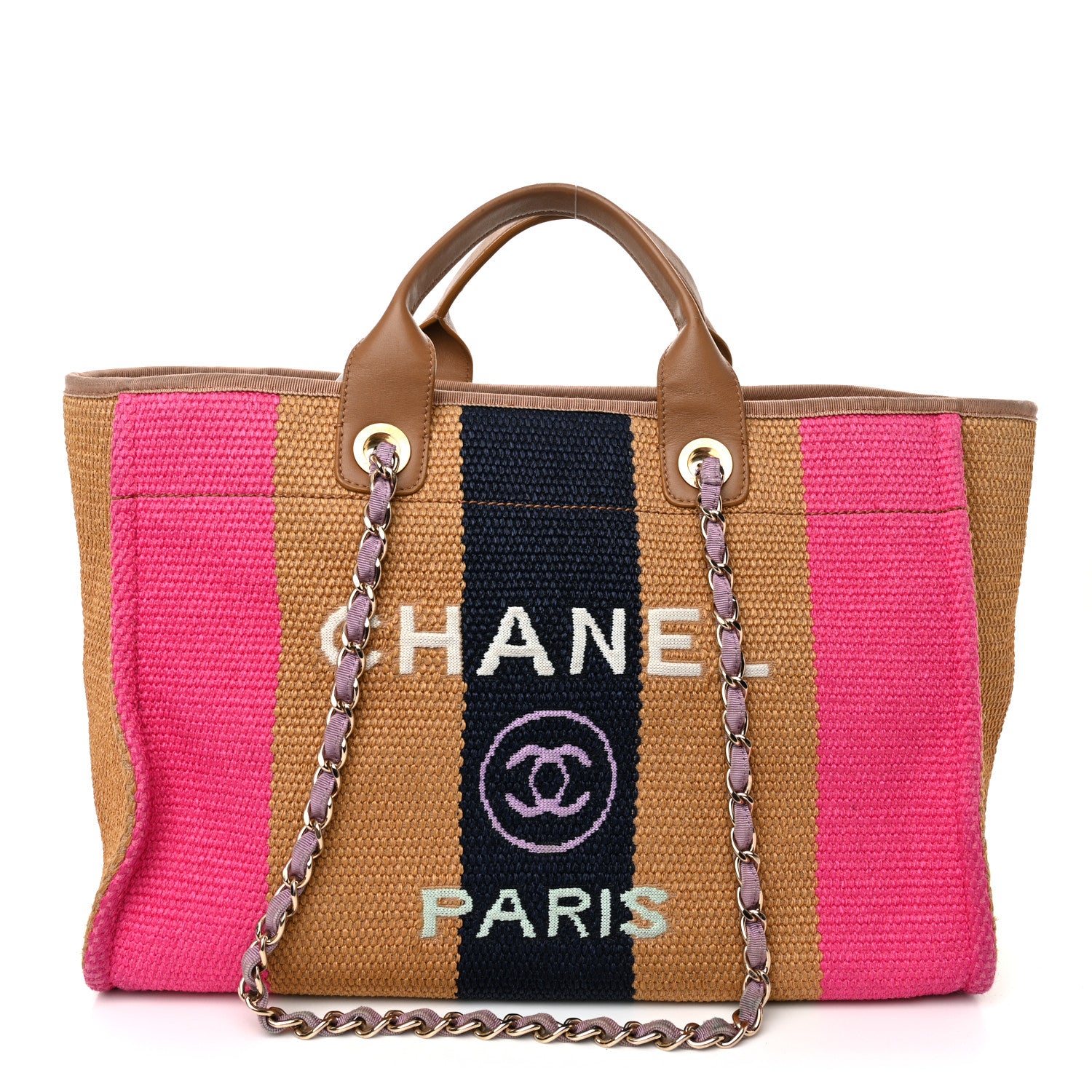 Chanel Straw Raffia Calfskin Striped Medium Deauville Tote Dark Beige Fuchsia Navy Blue 1 of 11