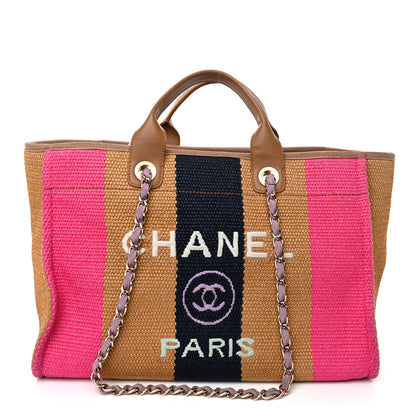 Chanel Straw Raffia Calfskin Striped Medium Deauville Tote Dark Beige Fuchsia Navy Blue 1 of 11