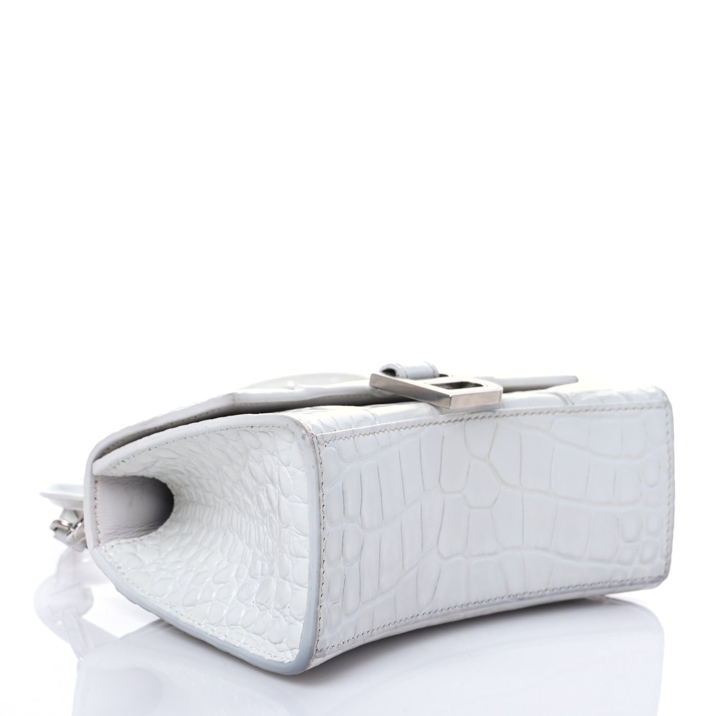 Shiny Calfskin Crocodile Embossed Hourglass Top Handle Bag XS White