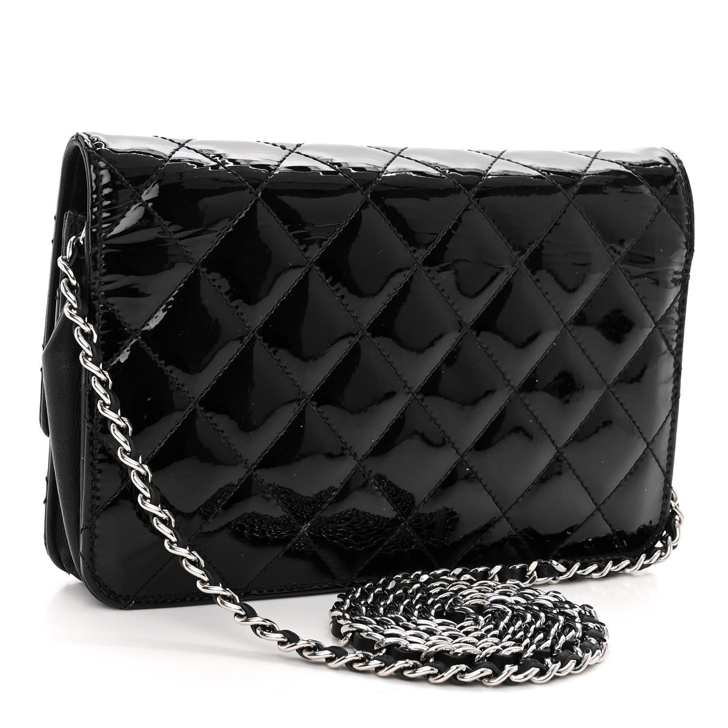 Patent Quilted Brilliant Wallet On Chain WOC Black