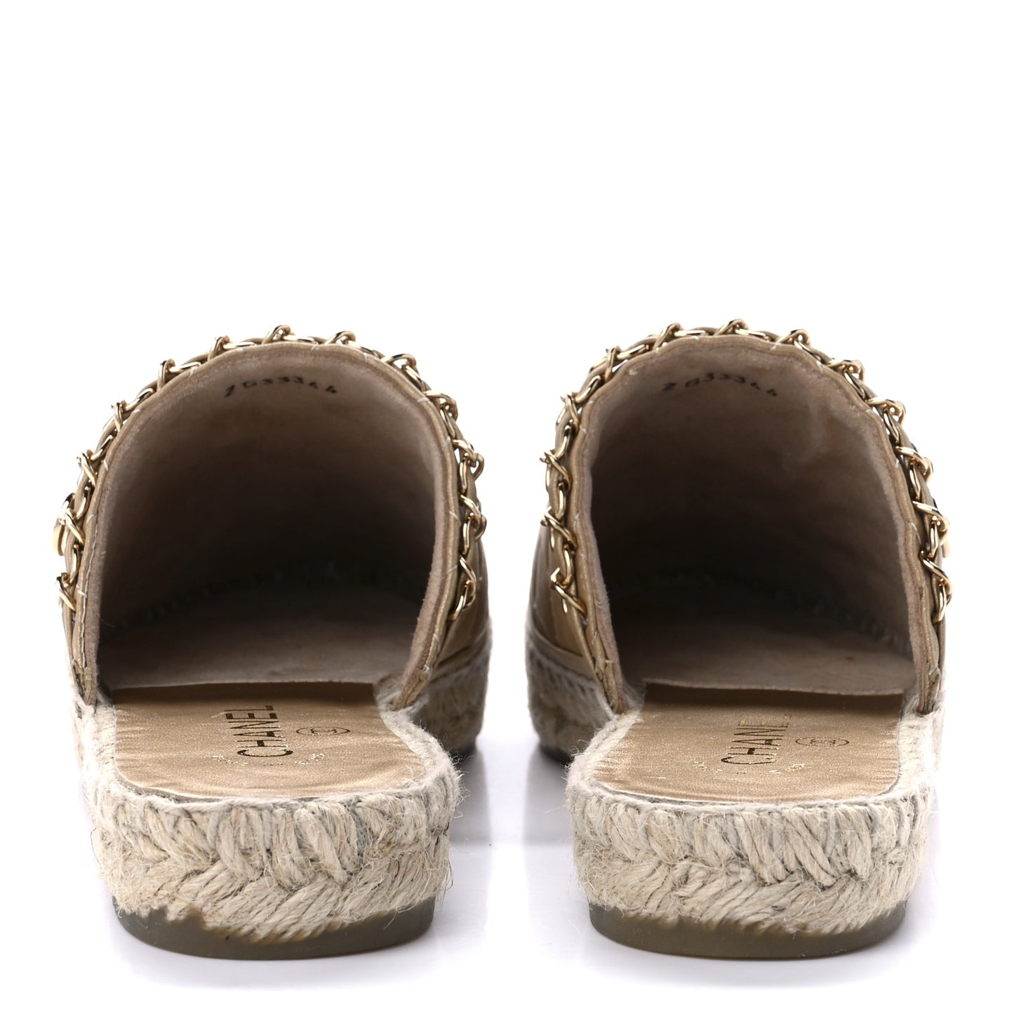Metallic Calfskin Lambskin Grosgrain Quilted CC Chain Espadrille Mules 37 Gold Black