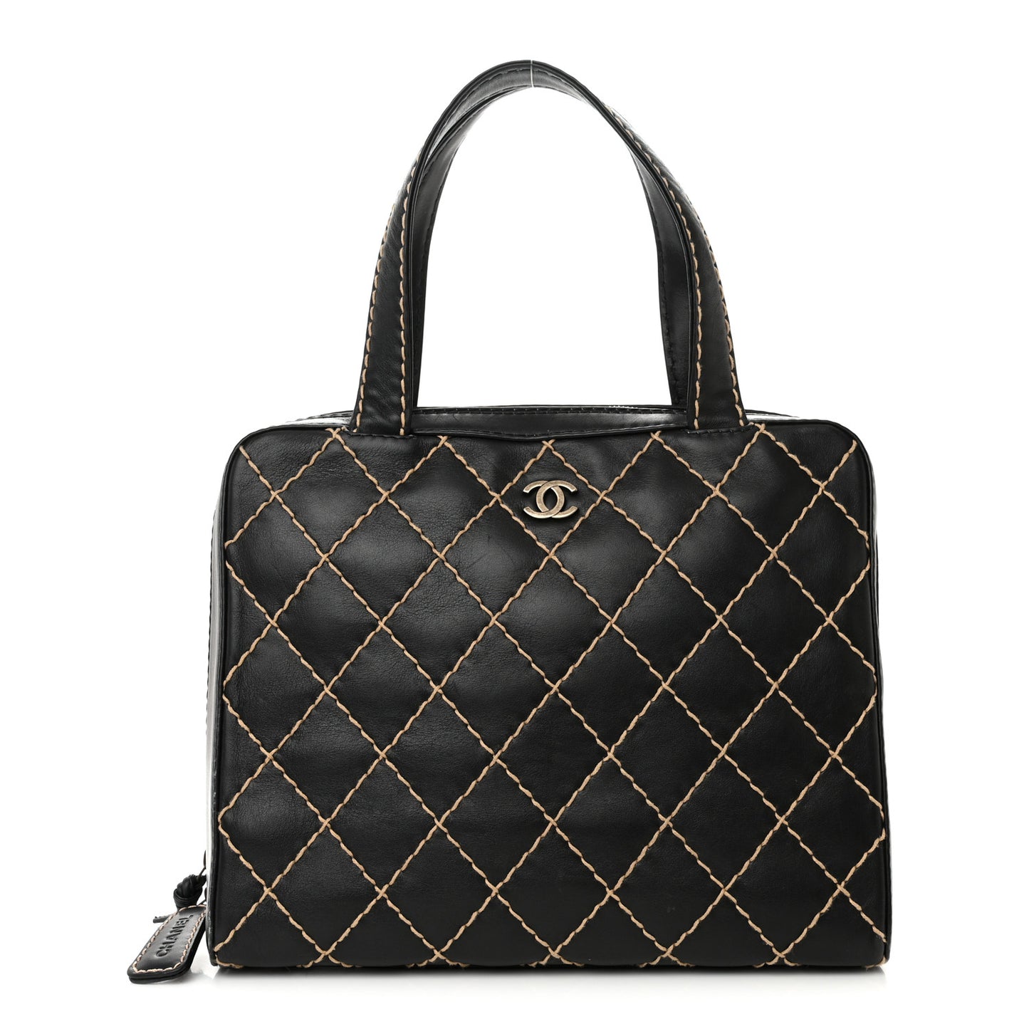 Calfskin Wild Stitch Vertical Top Handle Bag Black