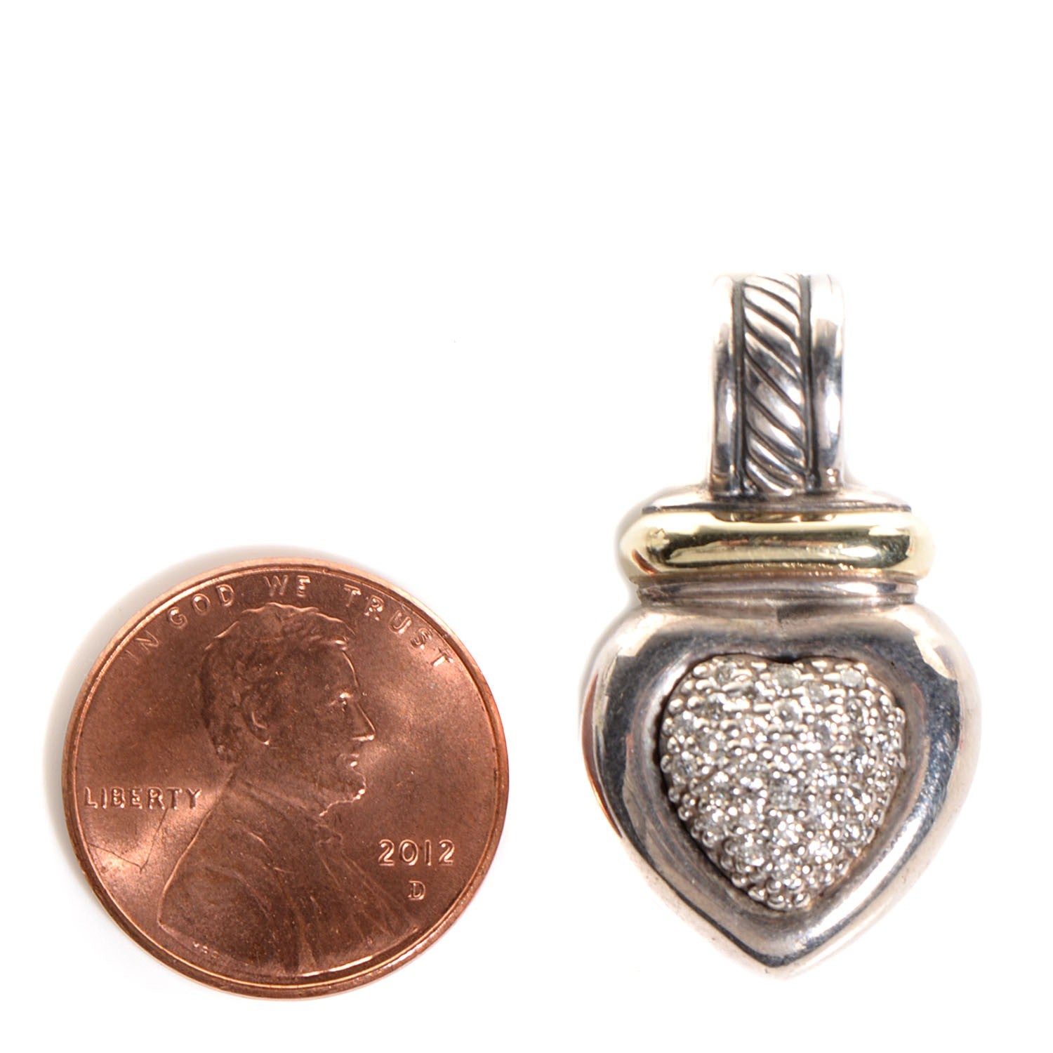 David Yurman Sterling Silver 14K Gold Pave Diamond Heart Enhancer Pendant 2 of 5