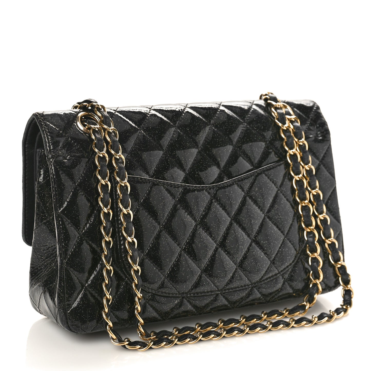 Patent Quilted Sparkle Glitter Medium Double Flap Black