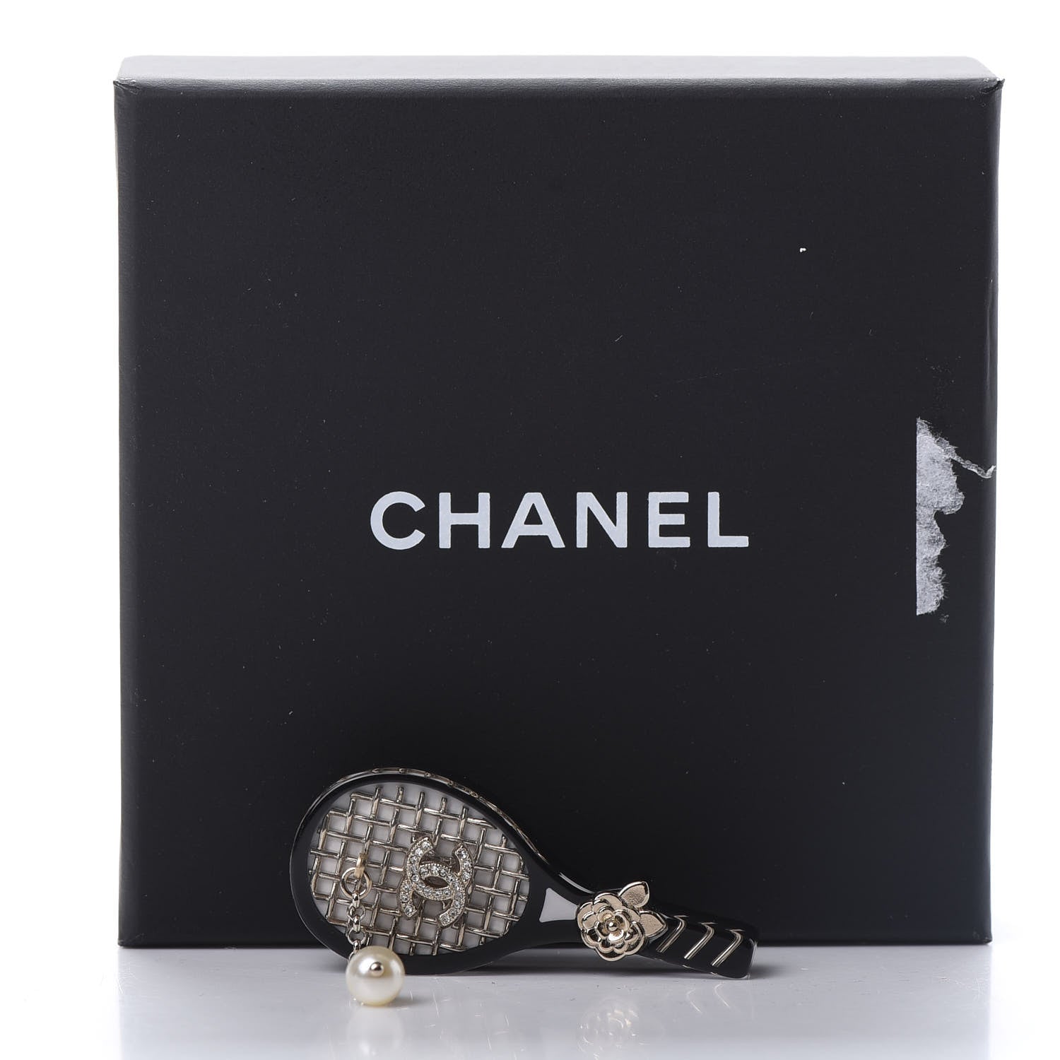 Chanel Metal Resin Pearls Strass Tennis Racket Brooch Gold Black Pearly White 5 of 5