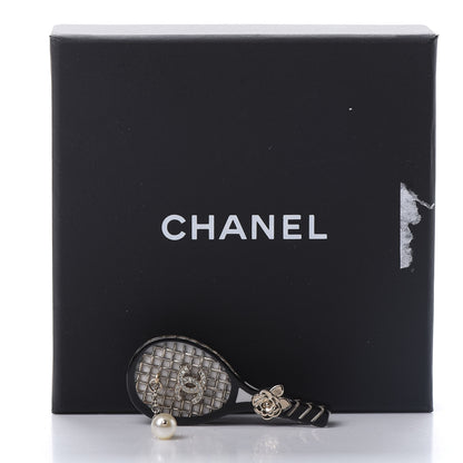 Chanel Metal Resin Pearls Strass Tennis Racket Brooch Gold Black Pearly White 5 of 5